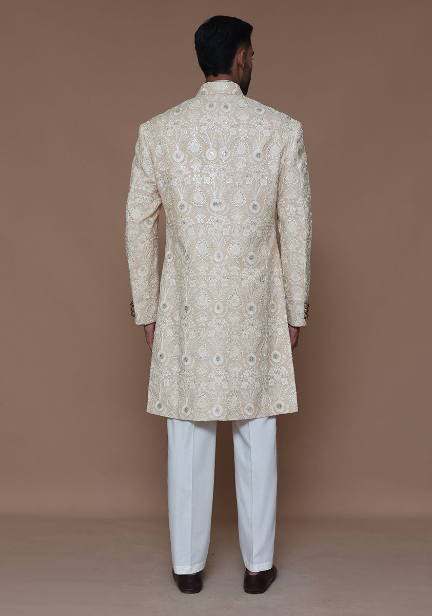 Cotton Net Cream Traditional Embroidered Couture Sherwani