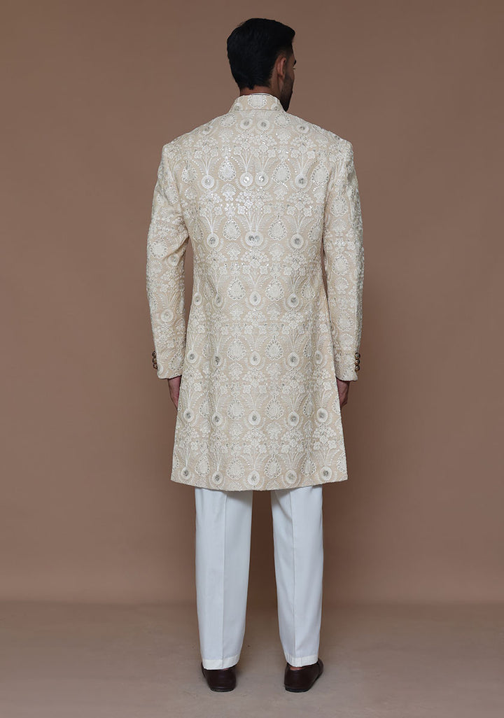 Cotton Net Cream Traditional Embroidered Couture Sherwani