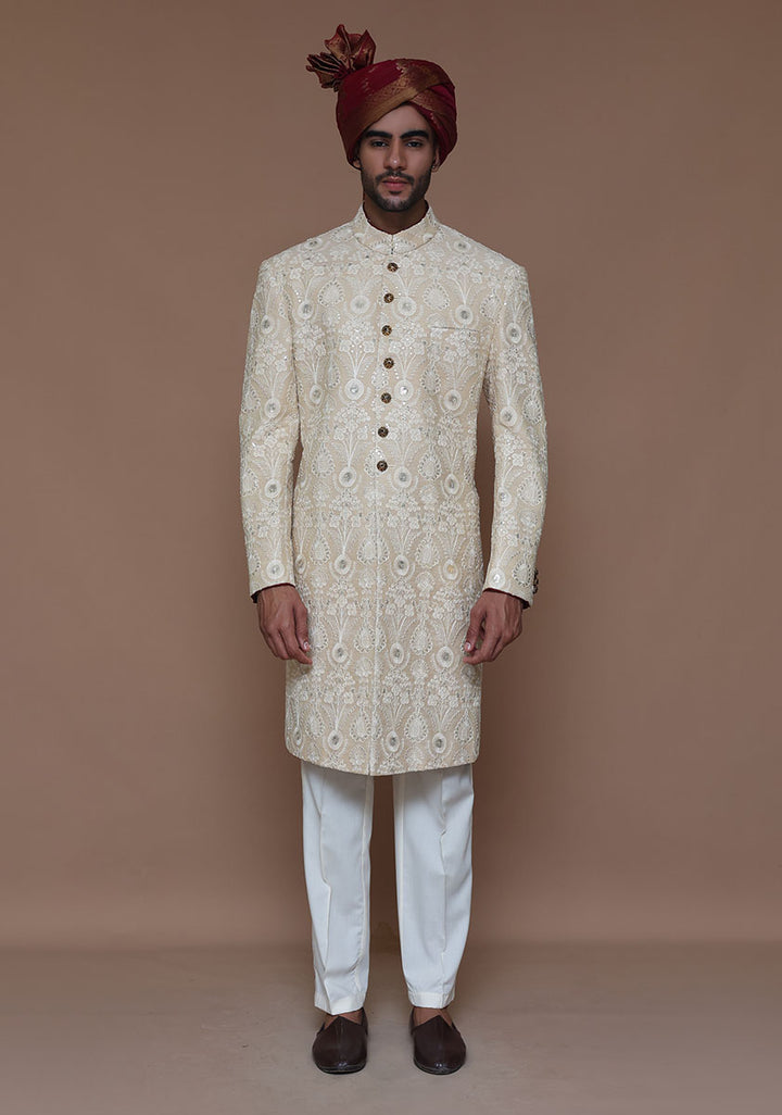 Cotton Net Cream Traditional Embroidered Couture Sherwani