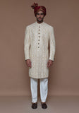 Classic Cotton Net Cream Traditional Embroidered Couture Sherwani