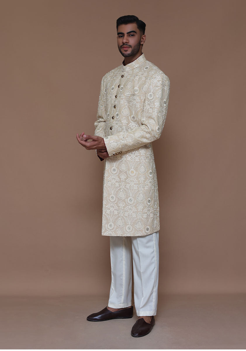 Cotton Net Cream Traditional Embroidered Couture Sherwani