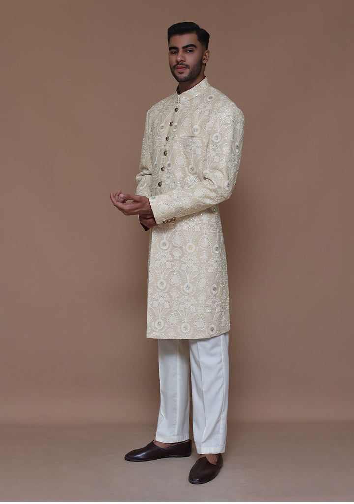 Cotton Net Cream Traditional Embroidered Couture Sherwani