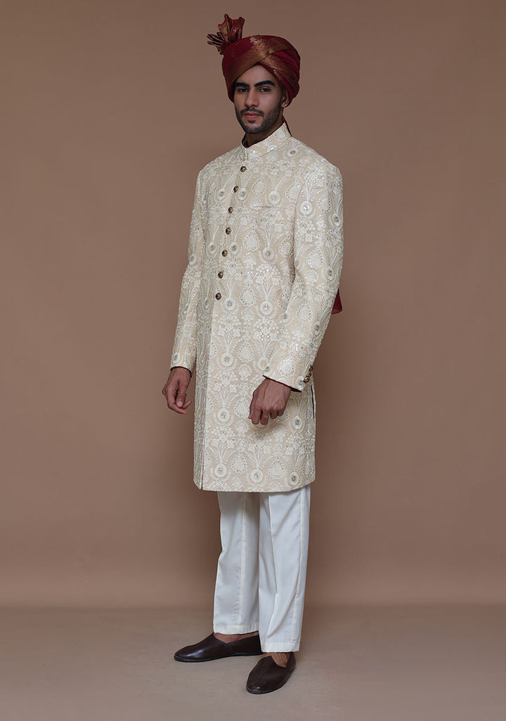 Cotton Net Cream Traditional Embroidered Couture Sherwani