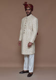 Classic Cotton Net Cream Traditional Embroidered Couture Sherwani