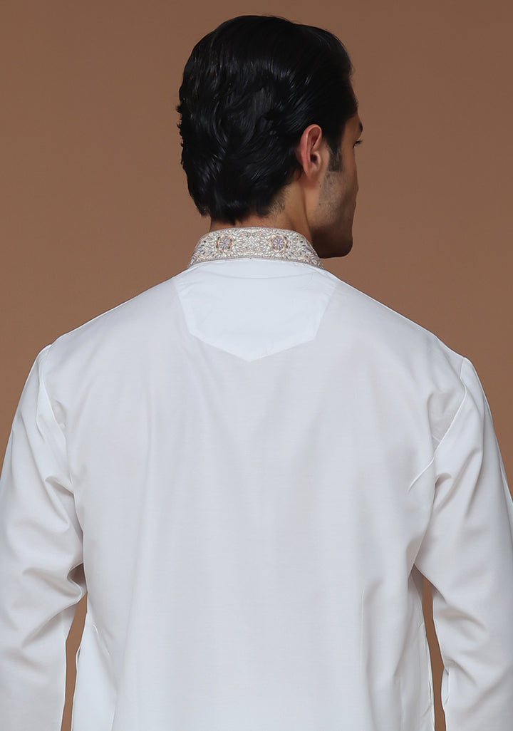 Cotton Silk Cloud Dancer Classic Fit Embroidered Suit