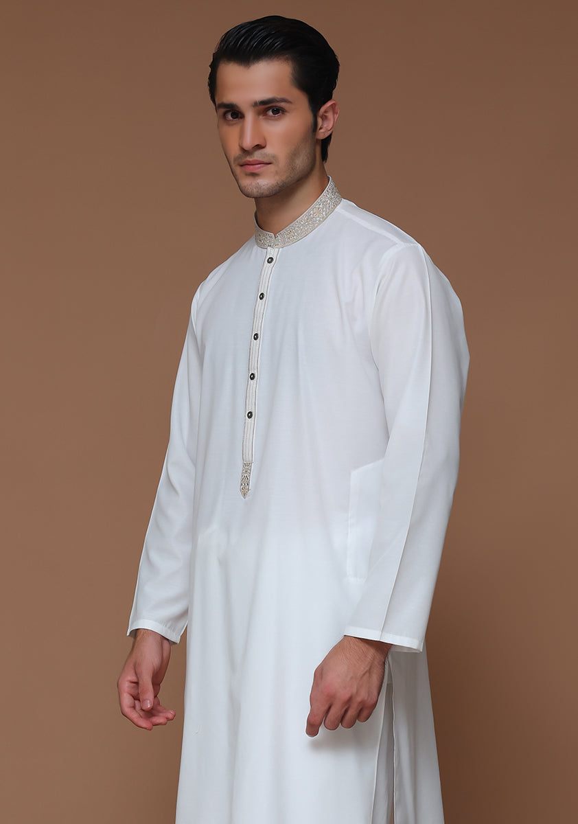 Cotton Silk Cloud Dancer Classic Fit Embroidered Suit