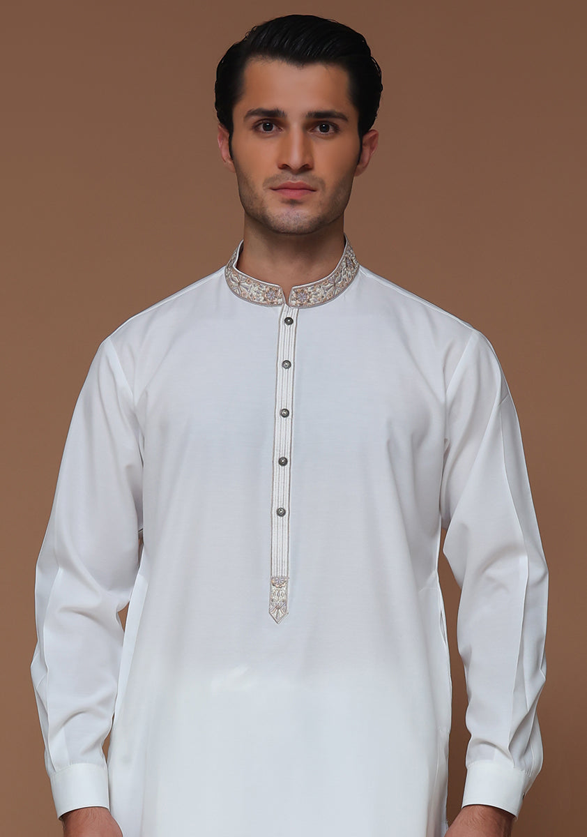 Cotton Silk Cloud Dancer Classic Fit Embroidered Suit