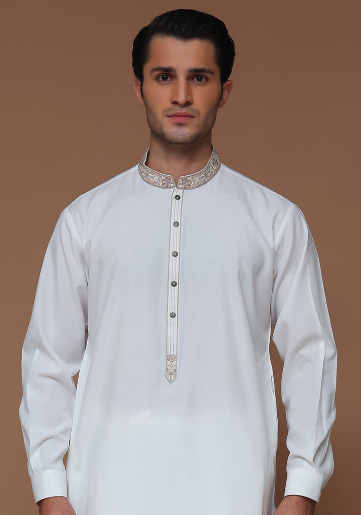 Cotton Silk Cloud Dancer Classic Fit Embroidered Suit