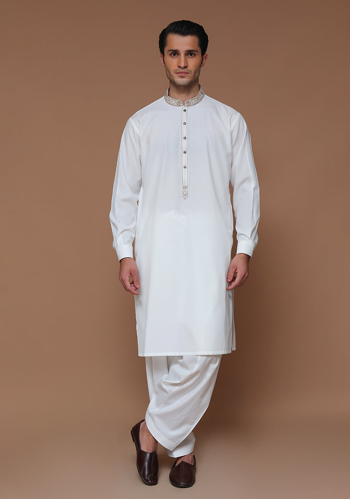 Cotton Silk Cloud Dancer Classic Fit Embroidered Suit