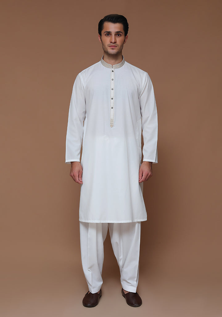 Cotton Silk Cloud Dancer Classic Fit Embroidered Suit