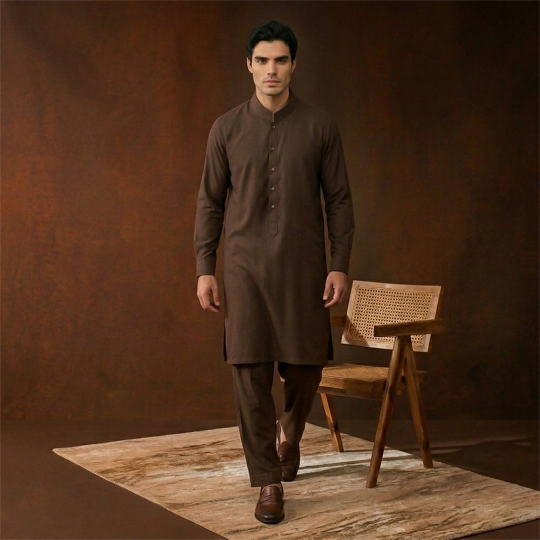 Classic Fit Band Collar Plain Kameez Shalwar