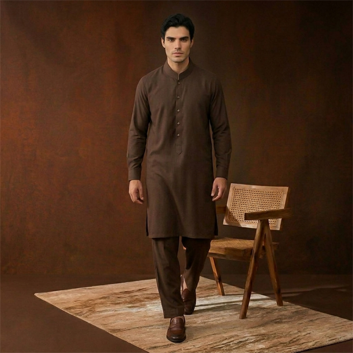 Classic Fit Band Collar Plain Kameez Shalwar