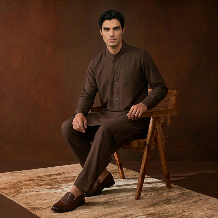 Classic Fit Band Collar Plain Kameez Shalwar