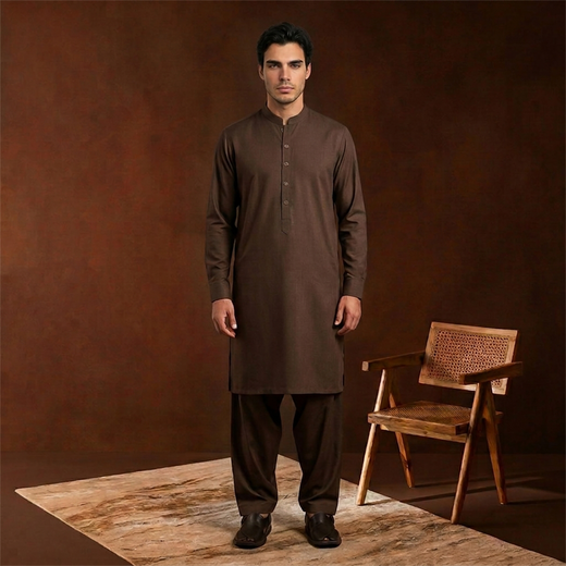 Classic Fit Band Collar Plain Kameez Shalwar