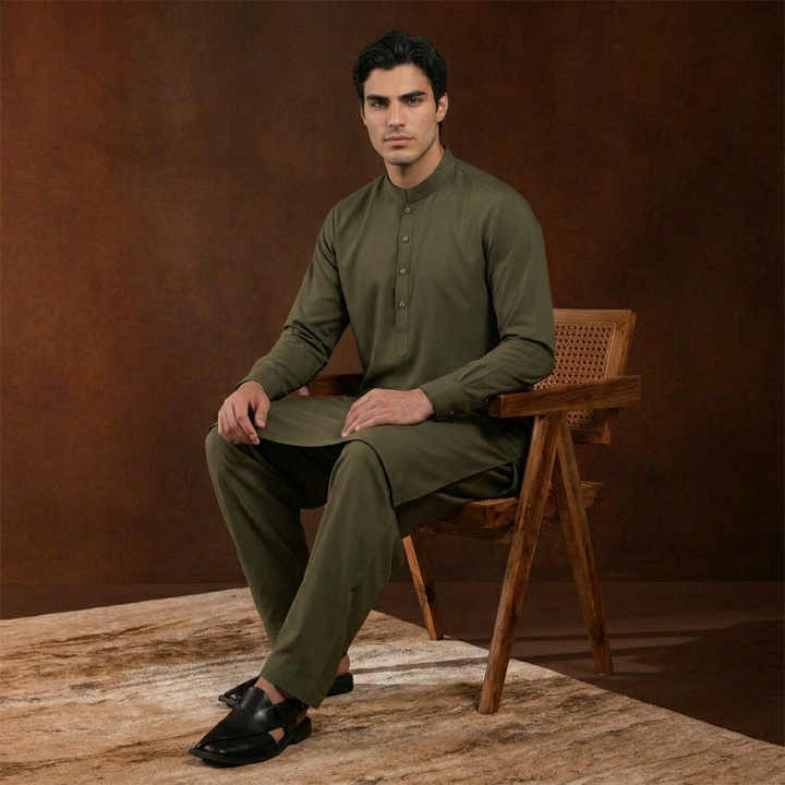 Classic Fit Band Collar Plain Kameez Shalwar