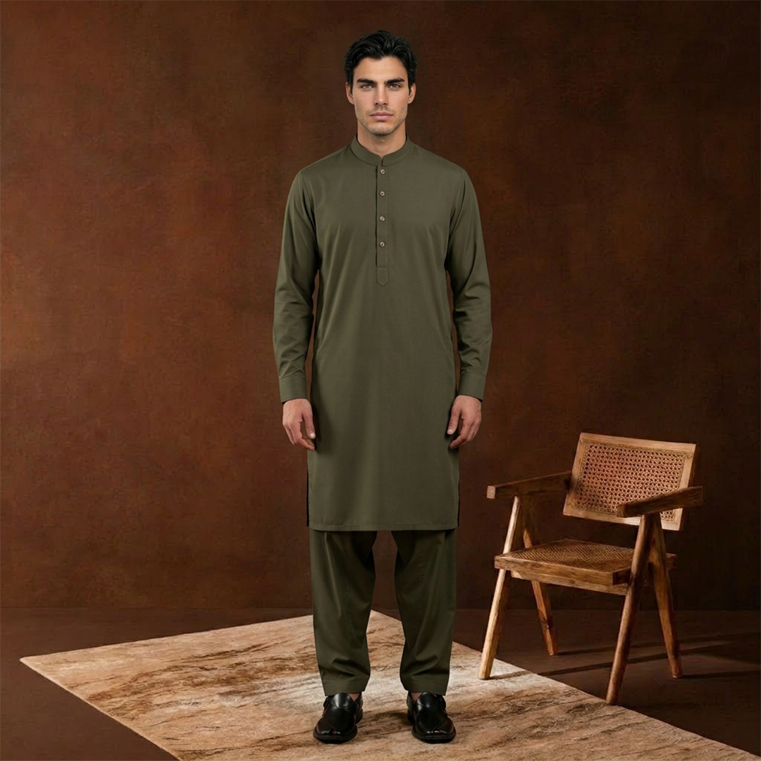 Classic Fit Band Collar Plain Kameez Shalwar
