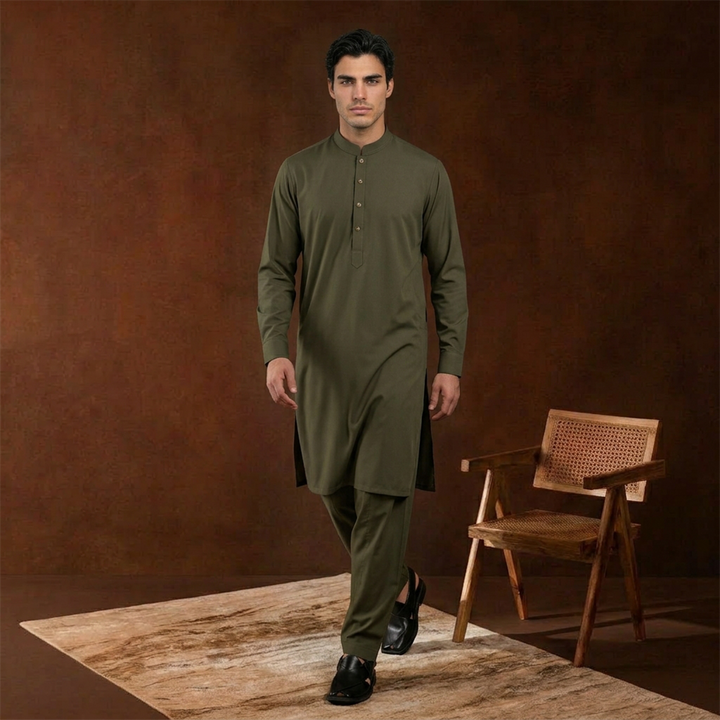 Classic Fit Band Collar Plain Kameez Shalwar