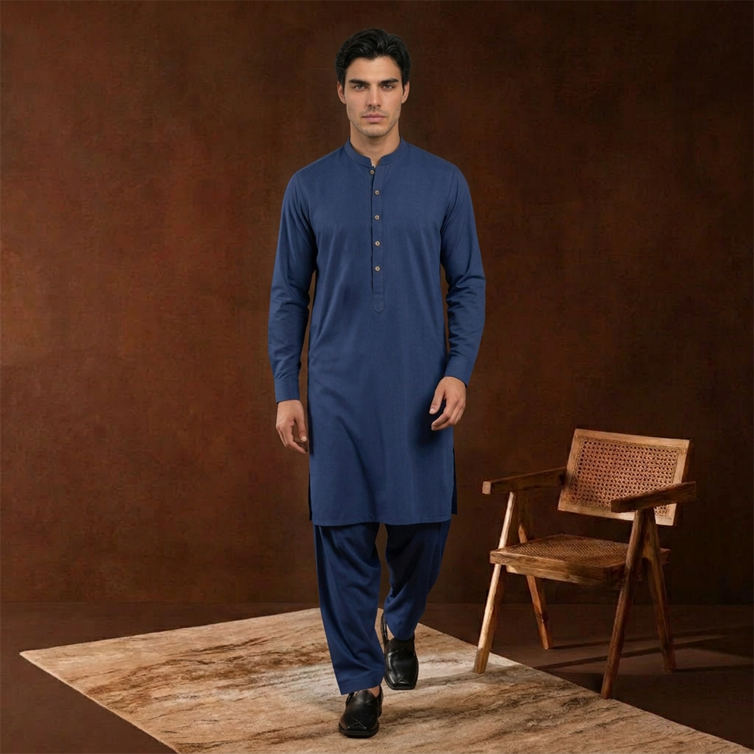 Classic Fit Band Collar Plain Kameez Shalwar