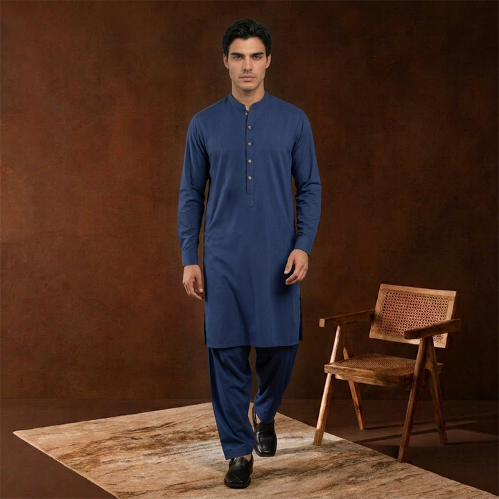 Classic Fit Band Collar Plain Kameez Shalwar