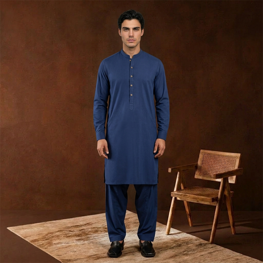 Classic Fit Band Collar Plain Kameez Shalwar