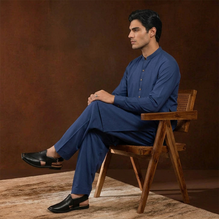 Classic Fit Band Collar Plain Kameez Shalwar