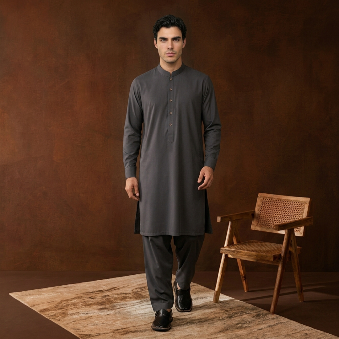 Classic Fit Band Collar Plain Kameez Shalwar