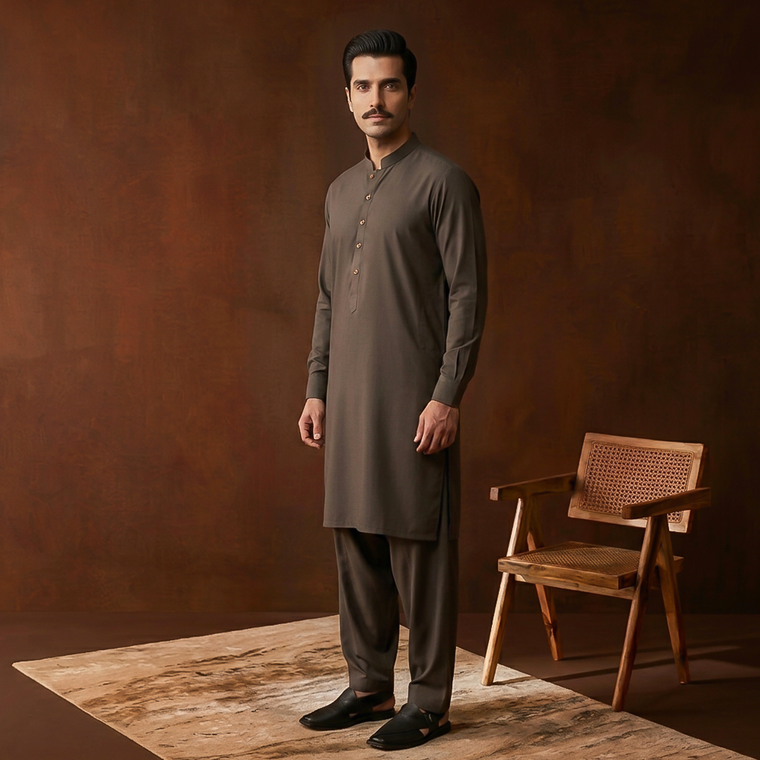 Classic Fit Band Collar Plain Kameez Shalwar