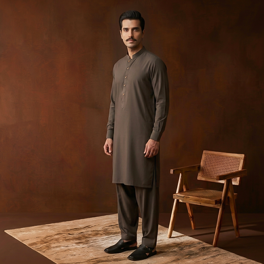 Classic Fit Band Collar Plain Kameez Shalwar