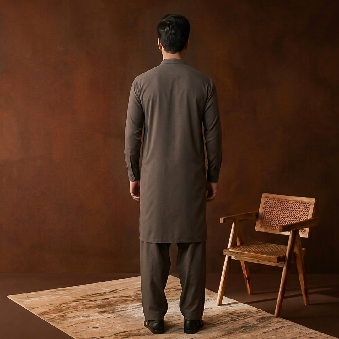 Classic Fit Band Collar Plain Kameez Shalwar