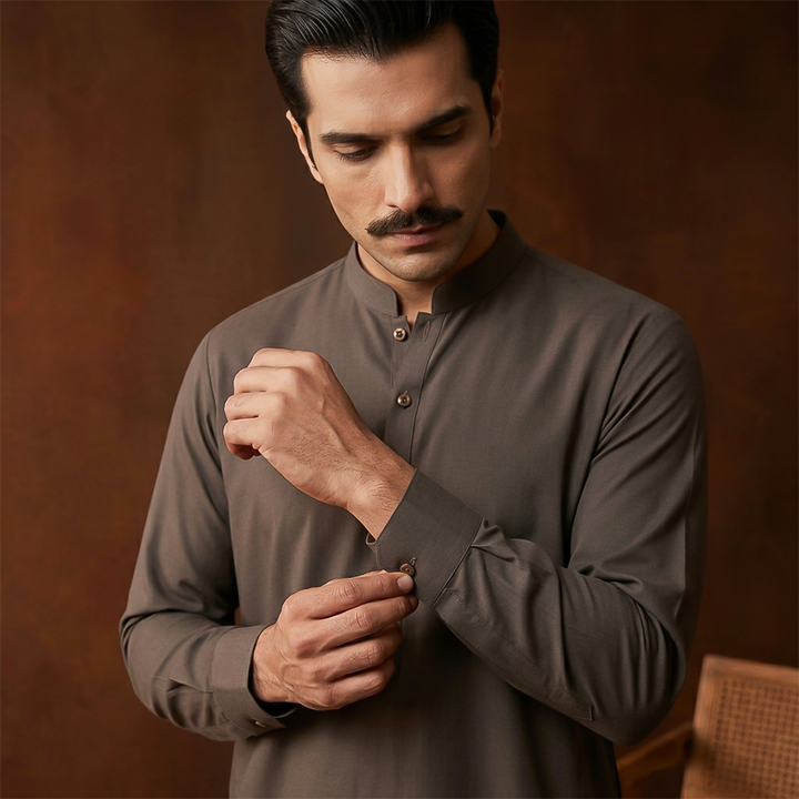 Classic Fit Band Collar Plain Kameez Shalwar
