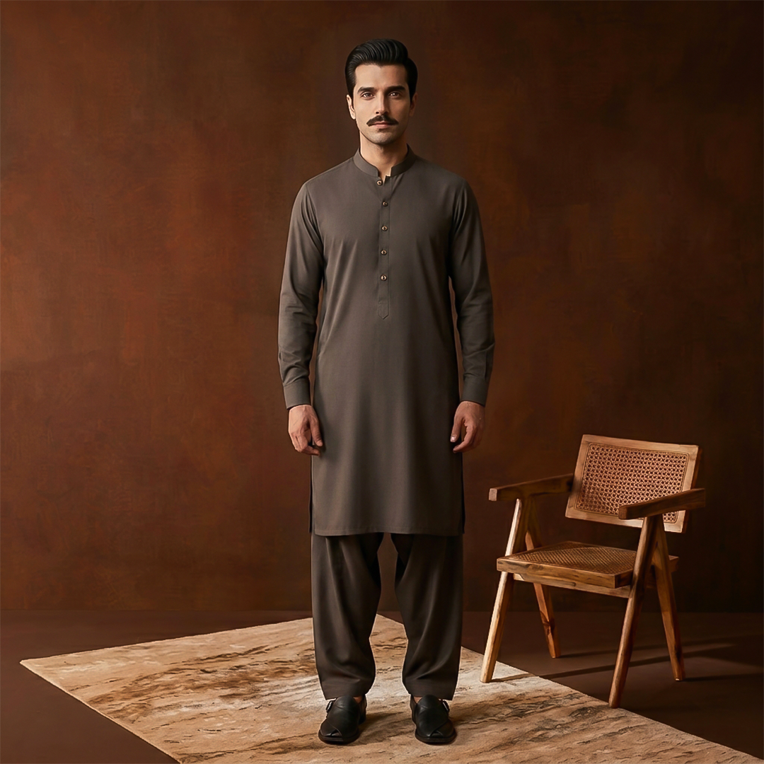 Classic Fit Band Collar Plain Kameez Shalwar