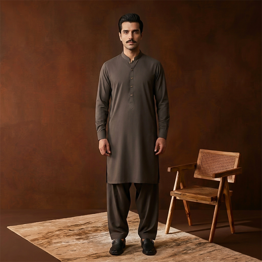 Classic Fit Band Collar Plain Kameez Shalwar