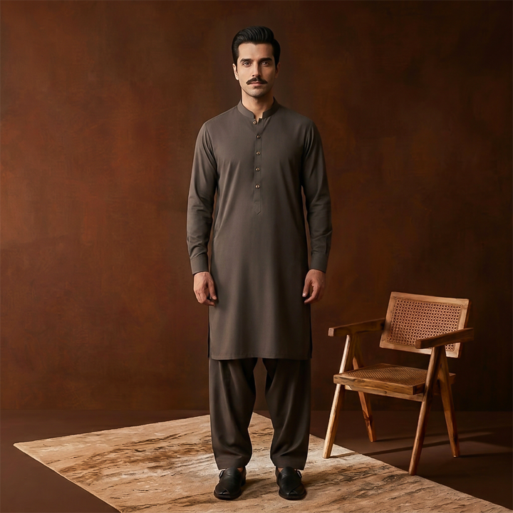 Classic Fit Band Collar Plain Kameez Shalwar