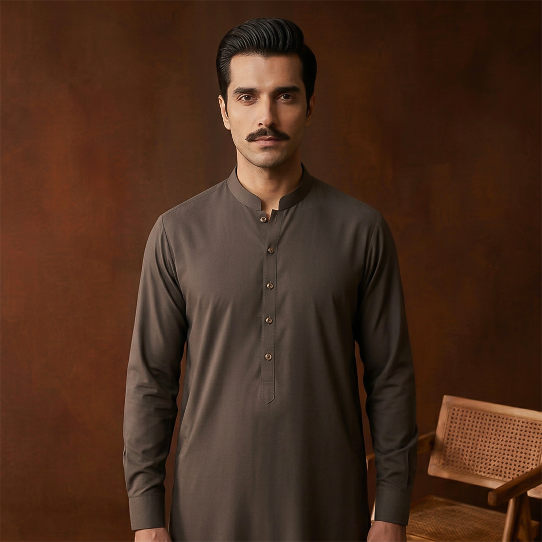 Classic Fit Band Collar Plain Kameez Shalwar