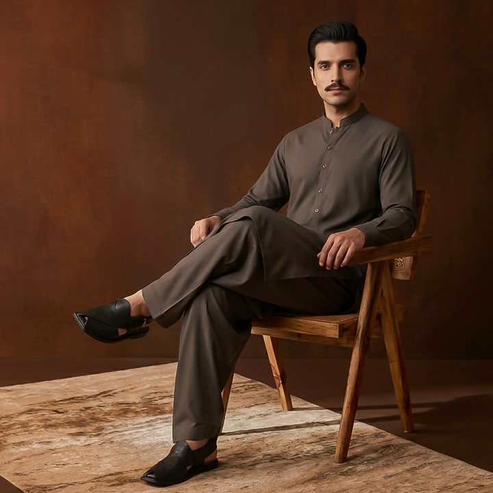 Classic Fit Band Collar Plain Kameez Shalwar