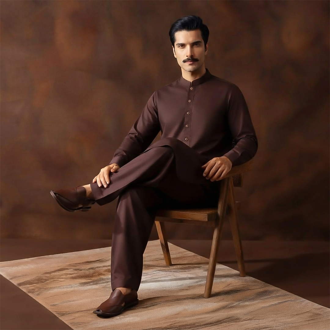 Classic Fit Band Collar Plain Kameez Shalwar