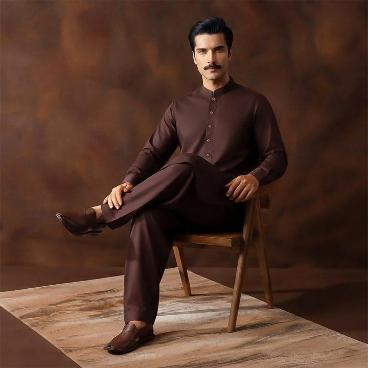 Classic Fit Band Collar Plain Kameez Shalwar