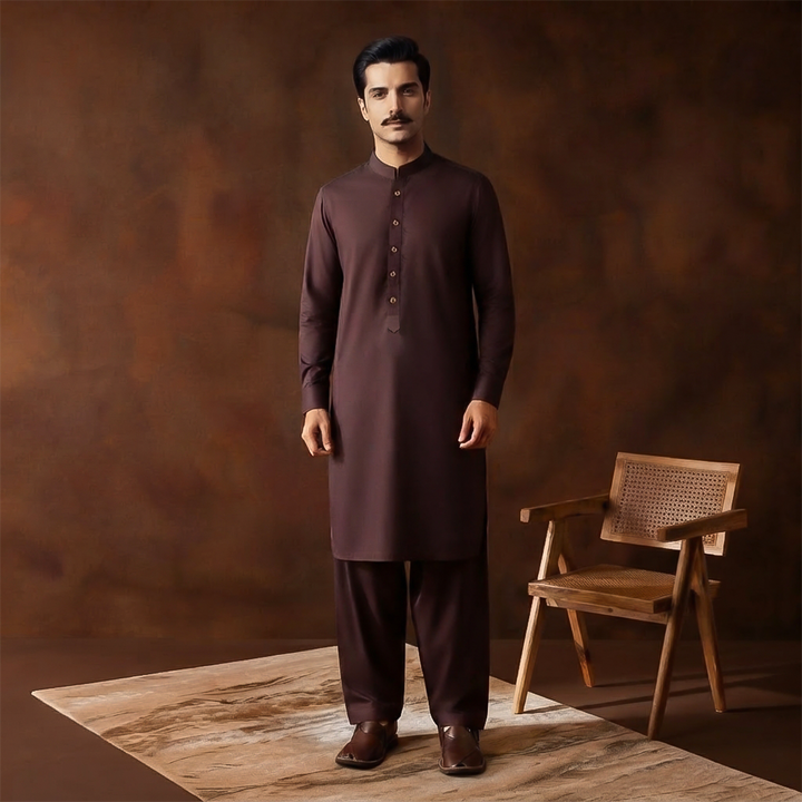 Classic Fit Band Collar Plain Kameez Shalwar