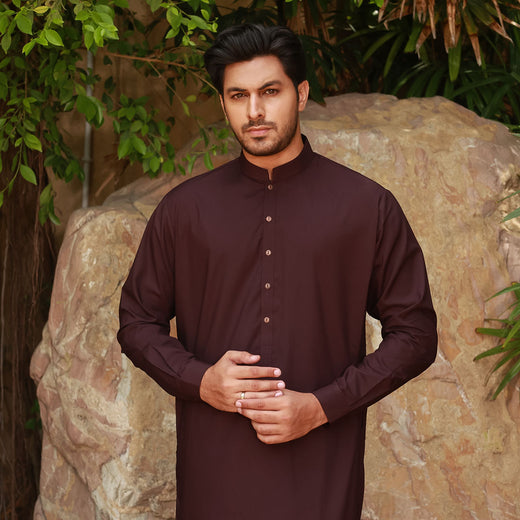 Classic Fit Band Collar Plain Kameez Shalwar