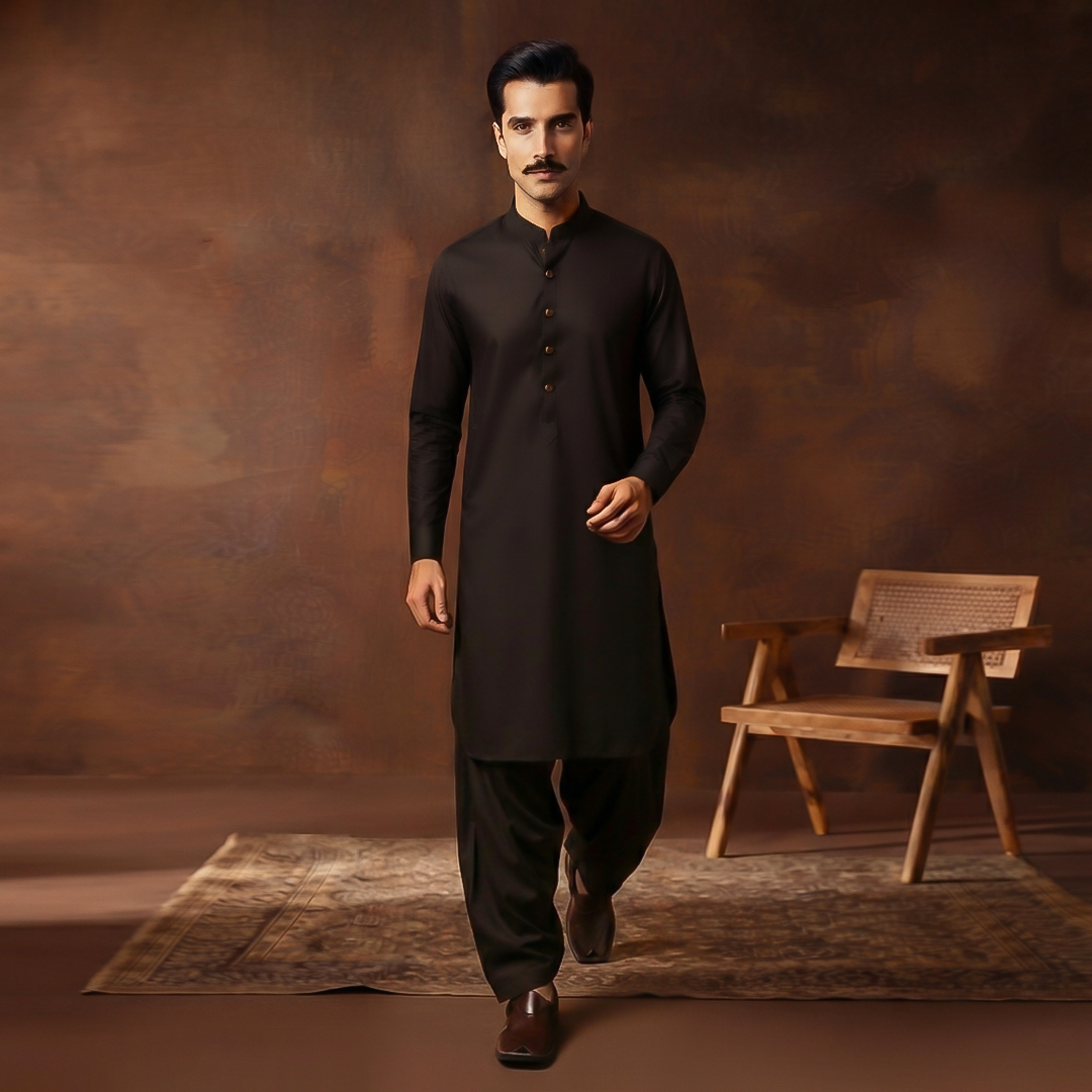 Classic Fit Band Collar Plain Kameez Shalwar