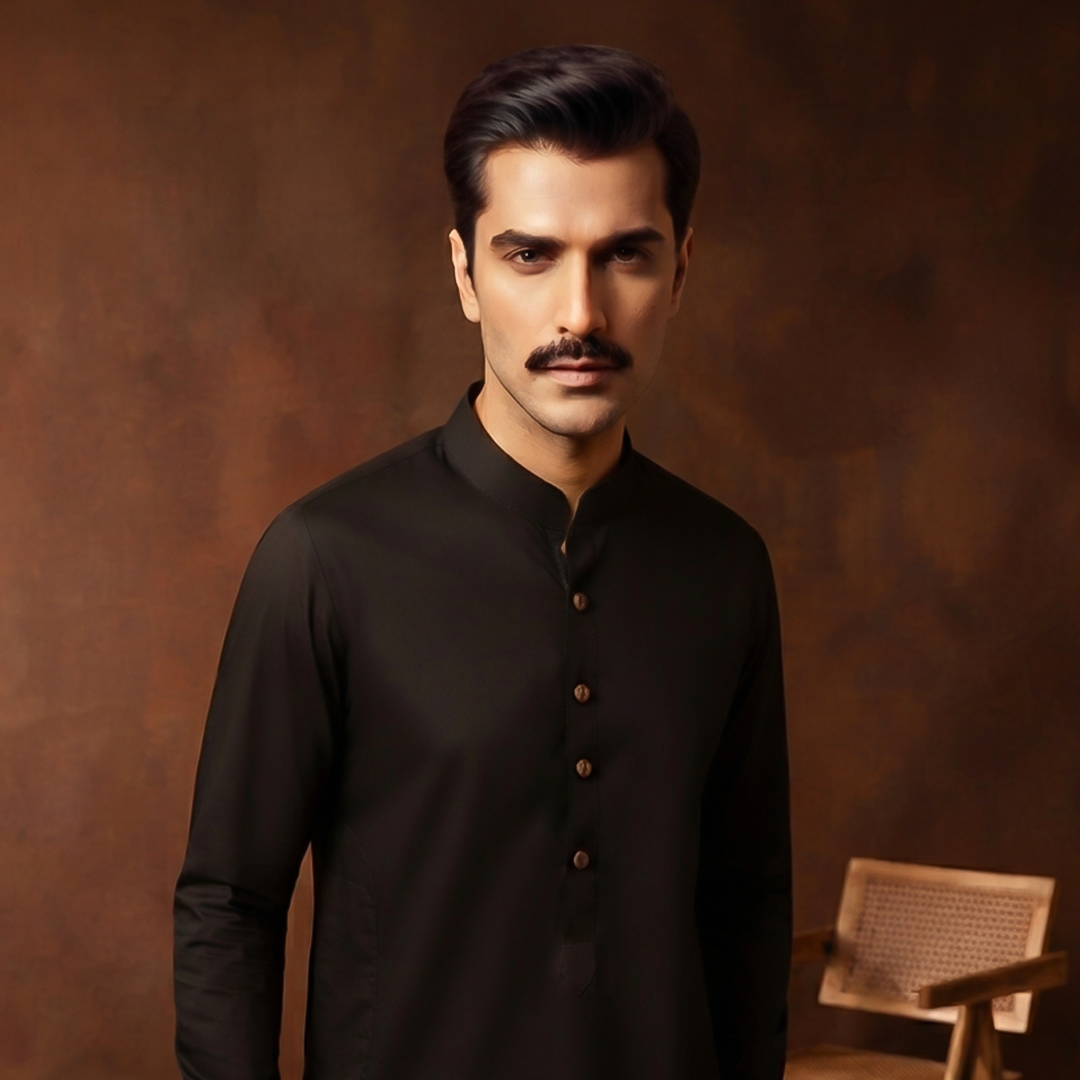 Classic Fit Band Collar Plain Kameez Shalwar