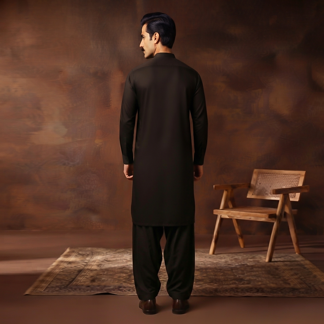 Classic Fit Band Collar Plain Kameez Shalwar