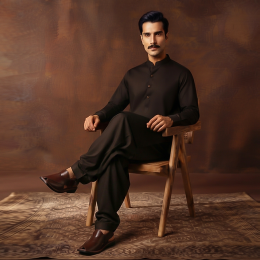 Classic Fit Band Collar Plain Kameez Shalwar