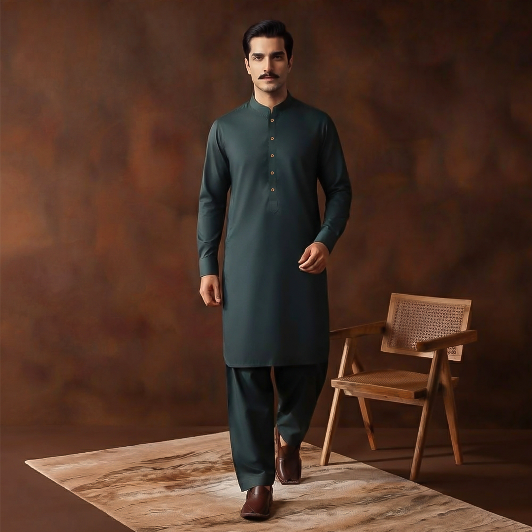 Classic Fit Band Collar Plain Kameez Shalwar