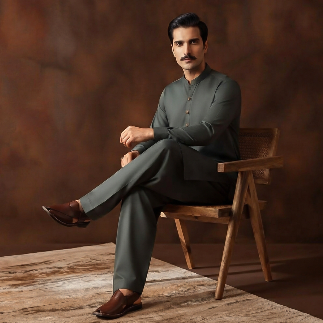 Classic Fit Band Collar Plain Kameez Shalwar