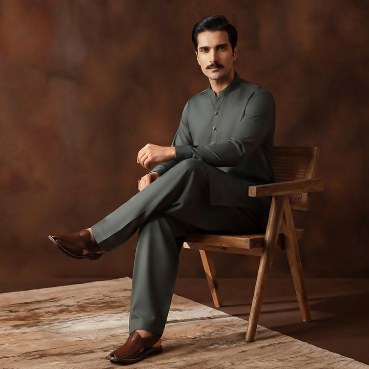 Classic Fit Band Collar Plain Kameez Shalwar