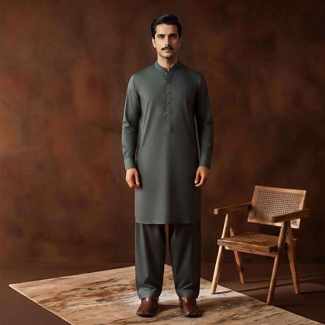 Classic Fit Band Collar Plain Kameez Shalwar
