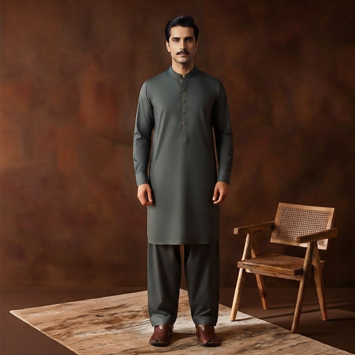 Classic Fit Band Collar Plain Kameez Shalwar