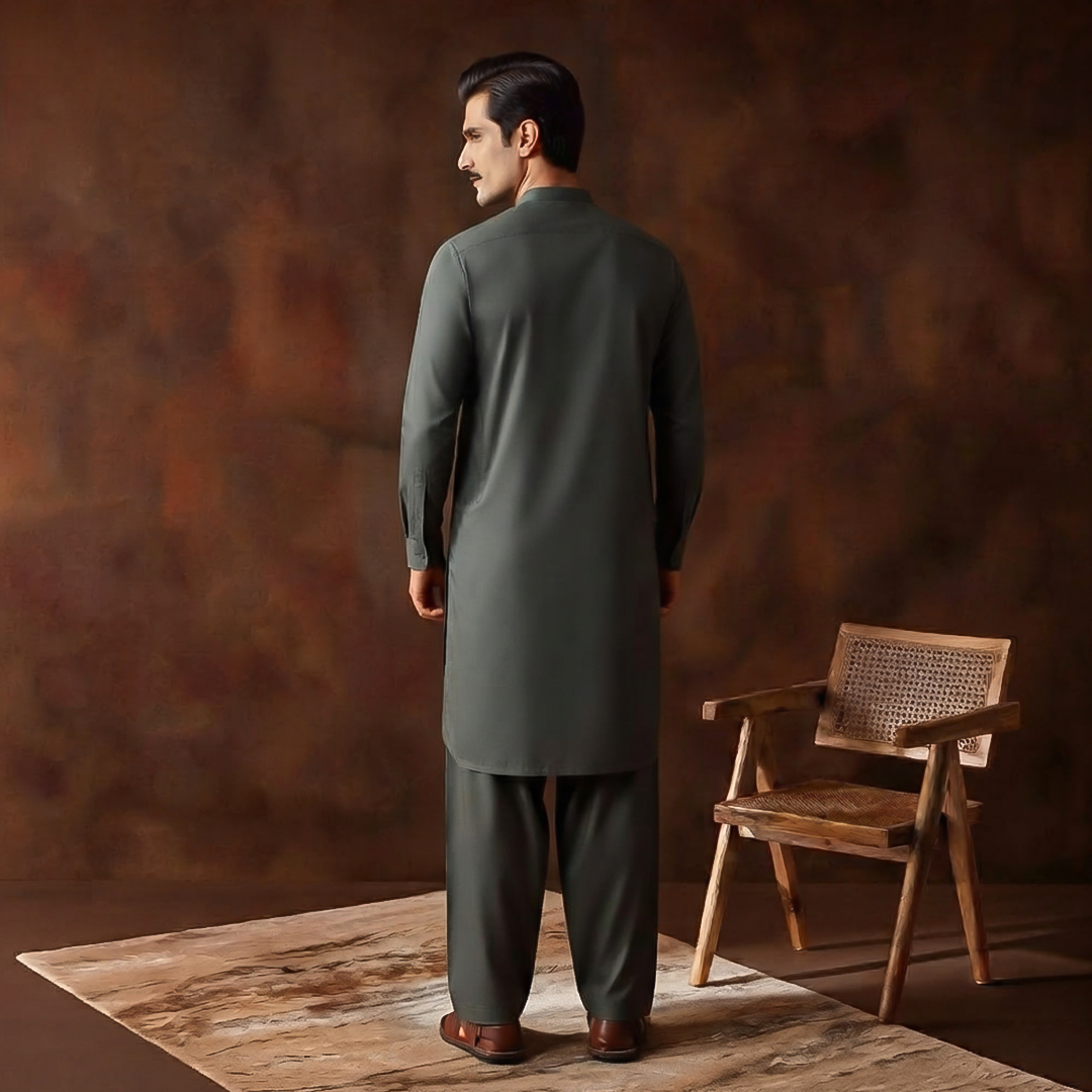 Classic Fit Band Collar Plain Kameez Shalwar