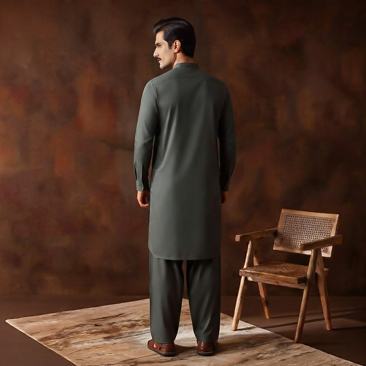 Classic Fit Band Collar Plain Kameez Shalwar